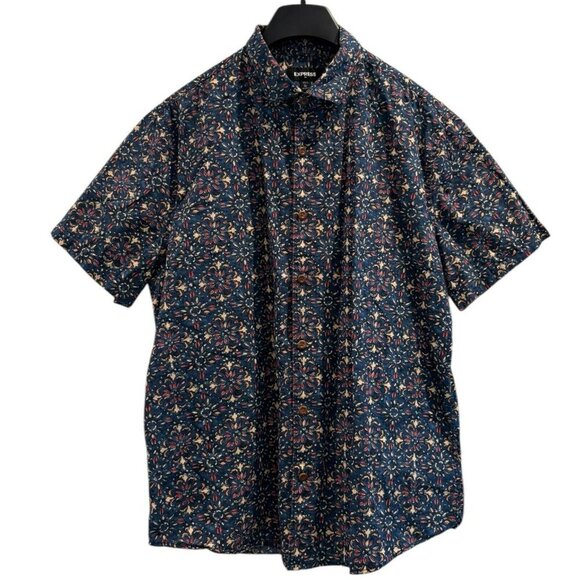 Express XL Men’s Button Up Shirt Blue Floral 100% Cotton Festival Summer Casual - Picture 1 of 5